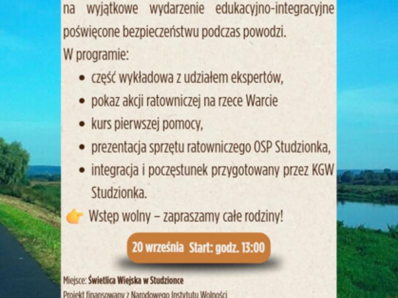 Plakat informujący o wydarzeniu pn. "Bezpieczni podczas powodzi"