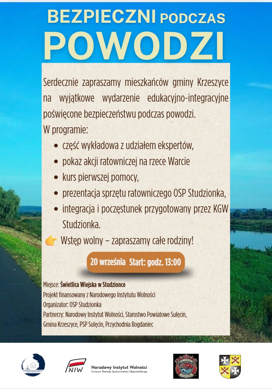 Plakat informujący o wydarzeniu pn. "Bezpieczni podczas powodzi"