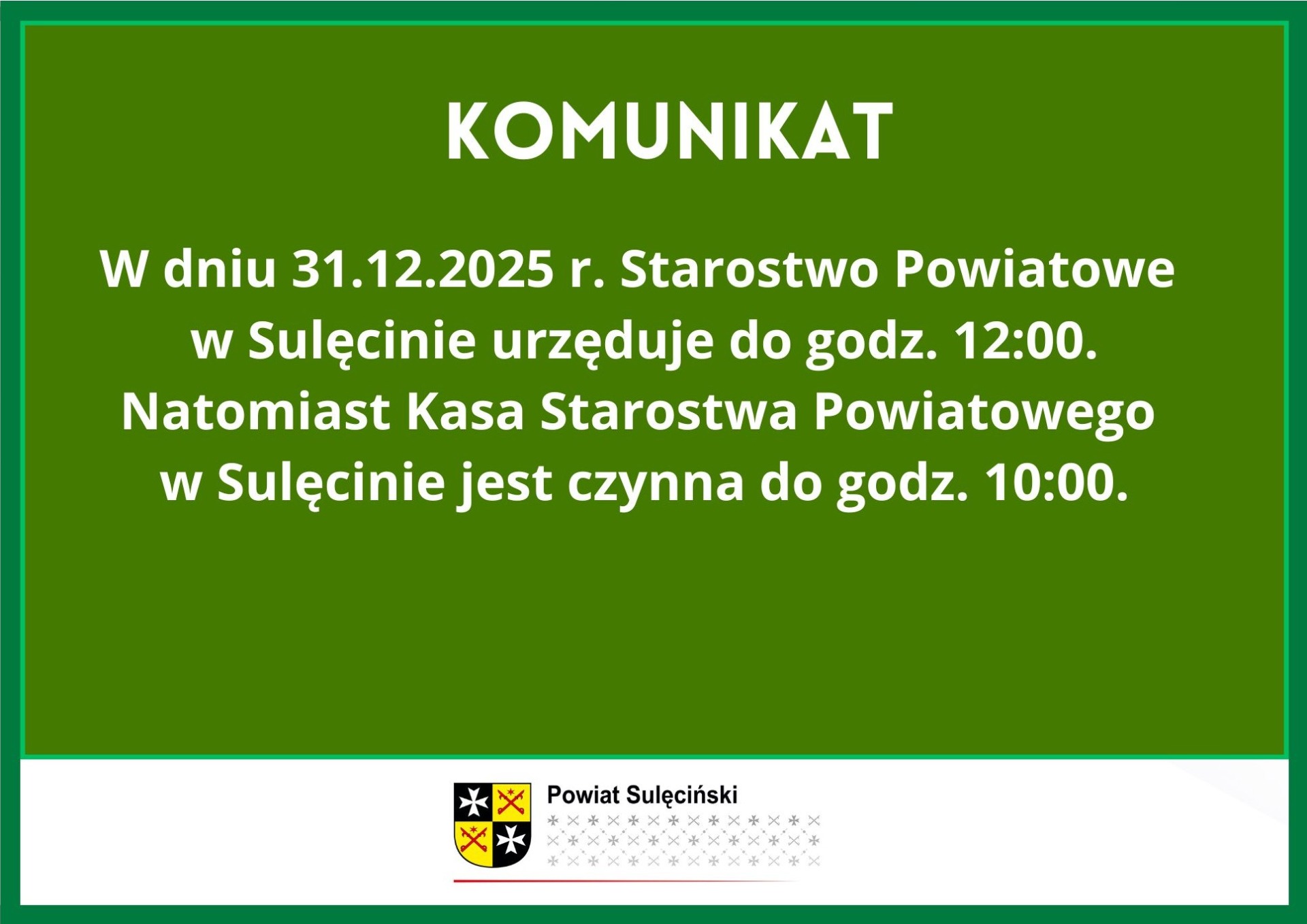 Zmiana godzin urzędowania w dniu 31.12.2025 r.