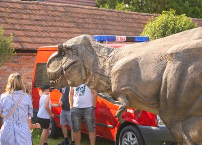 Na zdjęciu widać Dinozaura Rexa w tle mieszkańców