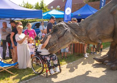 Na zdjęciu widać Dinozaura Rexa w tle mieszkańców