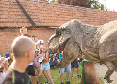 Na zdjęciu widać Dinozaura Rexa w tle mieszkańców