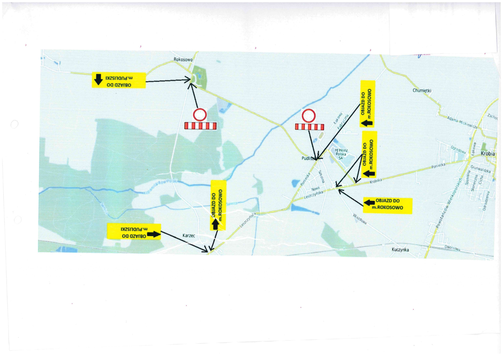 Mapka informacyjna o zamknięciu odcinka drogi