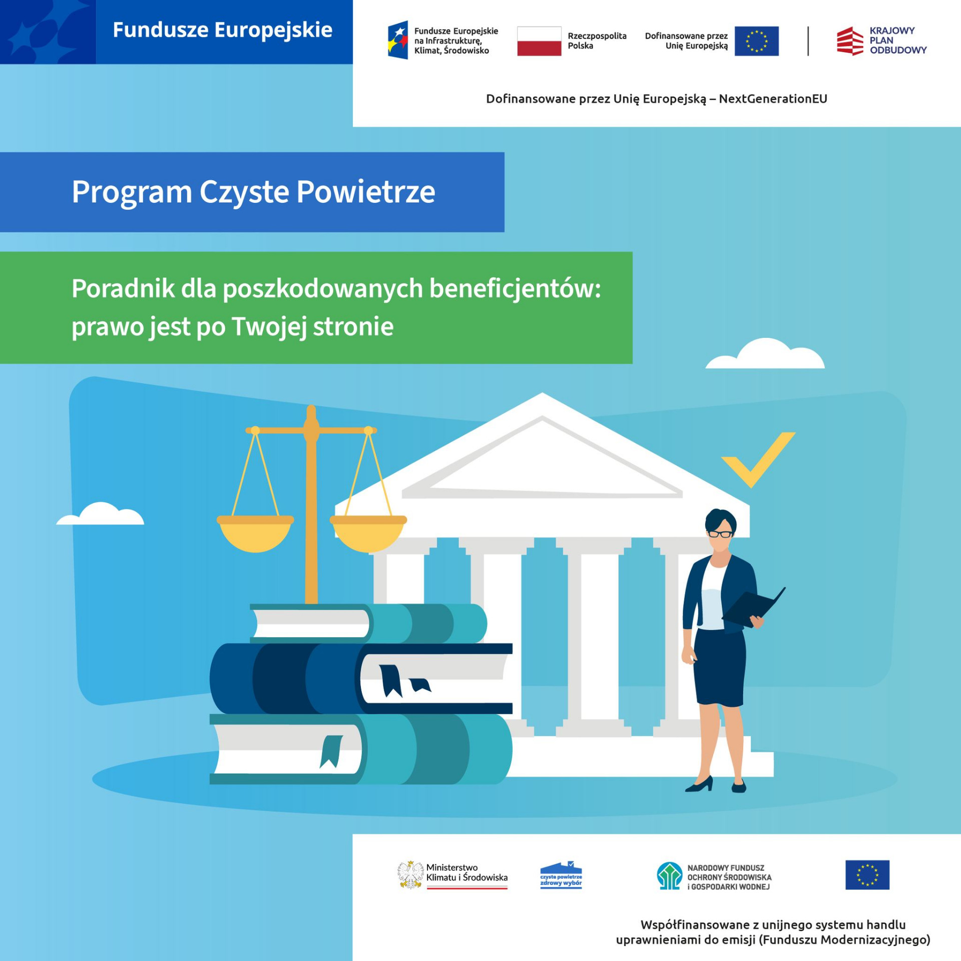 Grafika przedstawia informację o poradniku dla poszkodowanych beneficjentów