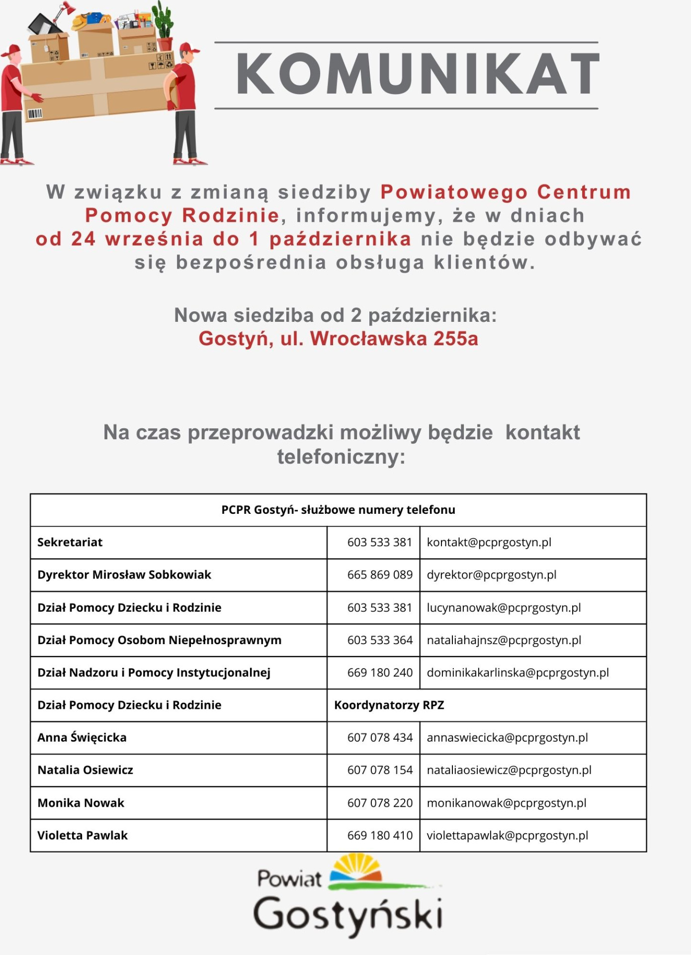 Komunikat dotyczący zmiany siedziby Powiatowego Centrum Pomocy Rodzinie