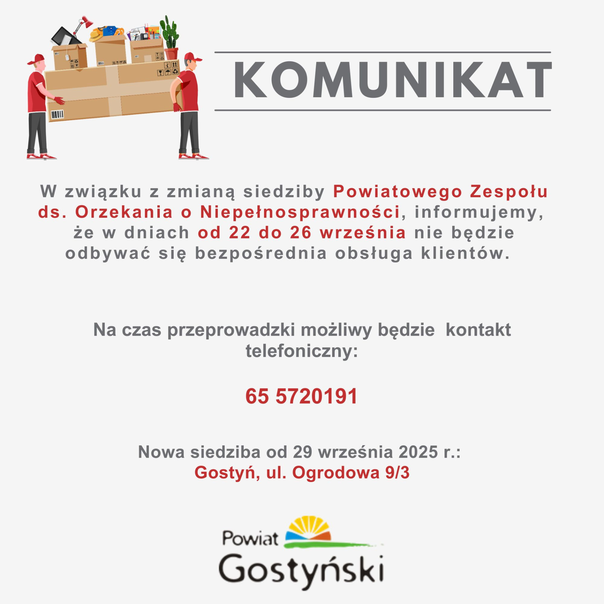 komunikat dotyczące zmiany siedziby Powiatowego Zespołu ds. Orzekania o Niepełnosprawności