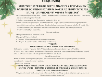 Plakat konkursu na najpiękniejszą ozdobę świąteczną dla dzieci i młodzieży