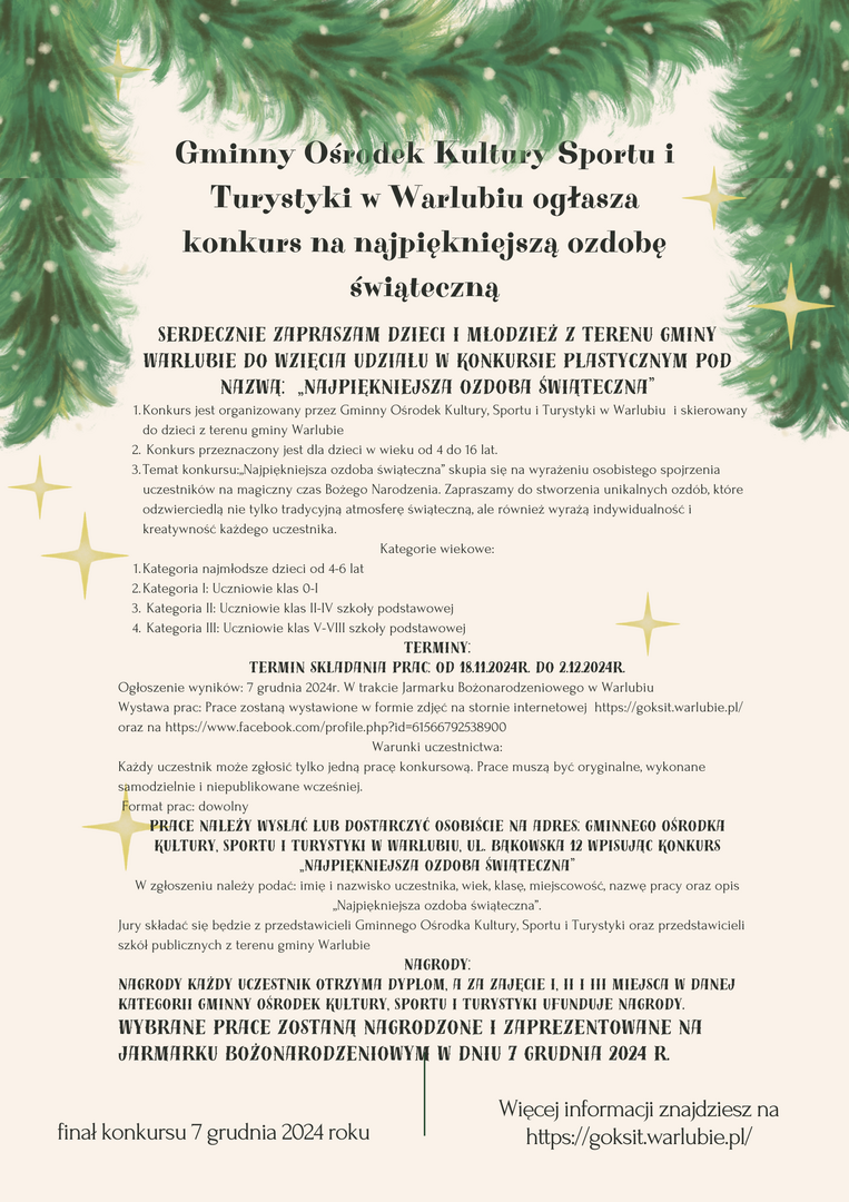 Plakat konkursu na najpiękniejszą ozdobę świąteczną dla dzieci i młodzieży