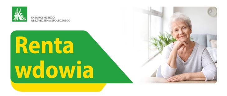 Logo KRUS i napis „Renta wdowia” obok zdjęcia uśmiechniętej seniorki siedzącej przy stole w jasnym wnętrzu