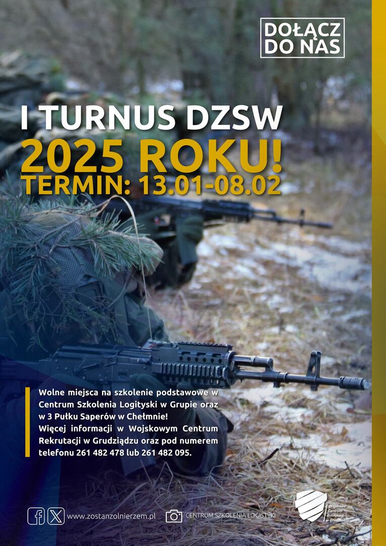 Plakat rekrutacyjny DZSW 2025 z żołnierzem w kamuflażu, informacją o szkoleniu 13.01–08.02 i wolnych miejscach na szkolenie podstawowe