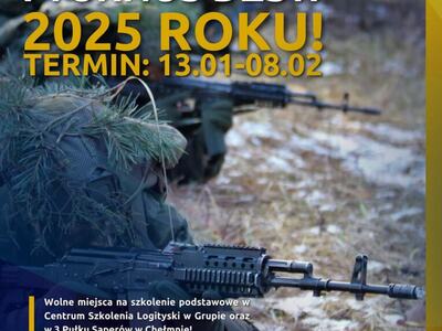 Plakat rekrutacyjny DZSW 2025 z żołnierzem w kamuflażu, informacją o szkoleniu 13.01–08.02 i wolnych miejscach na szkolenie podstawowe