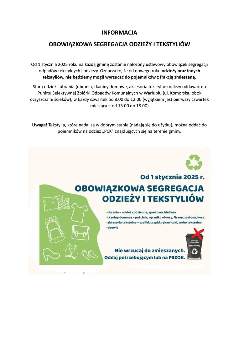 Plakat informujący o obowiązkowej segregacji odzieży i tekstyliów od 1 stycznia 2025 roku.