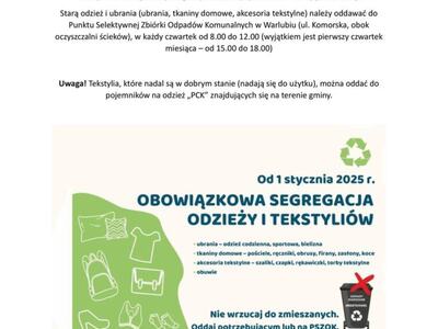 Plakat informujący o obowiązkowej segregacji odzieży i tekstyliów od 1 stycznia 2025 roku.