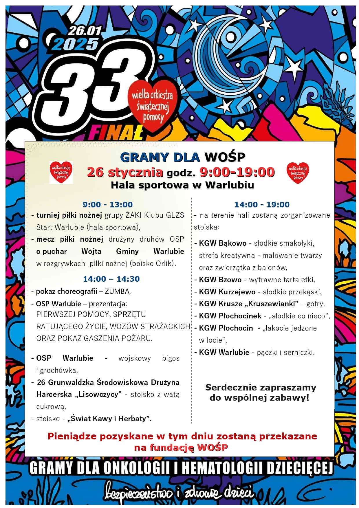 Plakat WOŚP 2025 w Warlubiu – program wydarzeń 26 stycznia