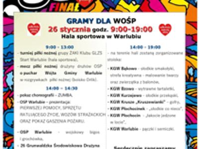 Plakat WOŚP 2025 w Warlubiu – program wydarzeń 26 stycznia
