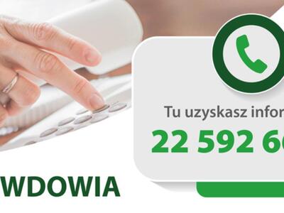 Grafika z dłonią wybierającą numer na telefonie stacjonarnym, ikoną telefonu i infolinią: 22 592 66 40, z napisem „RENTA WDOWIA”.
