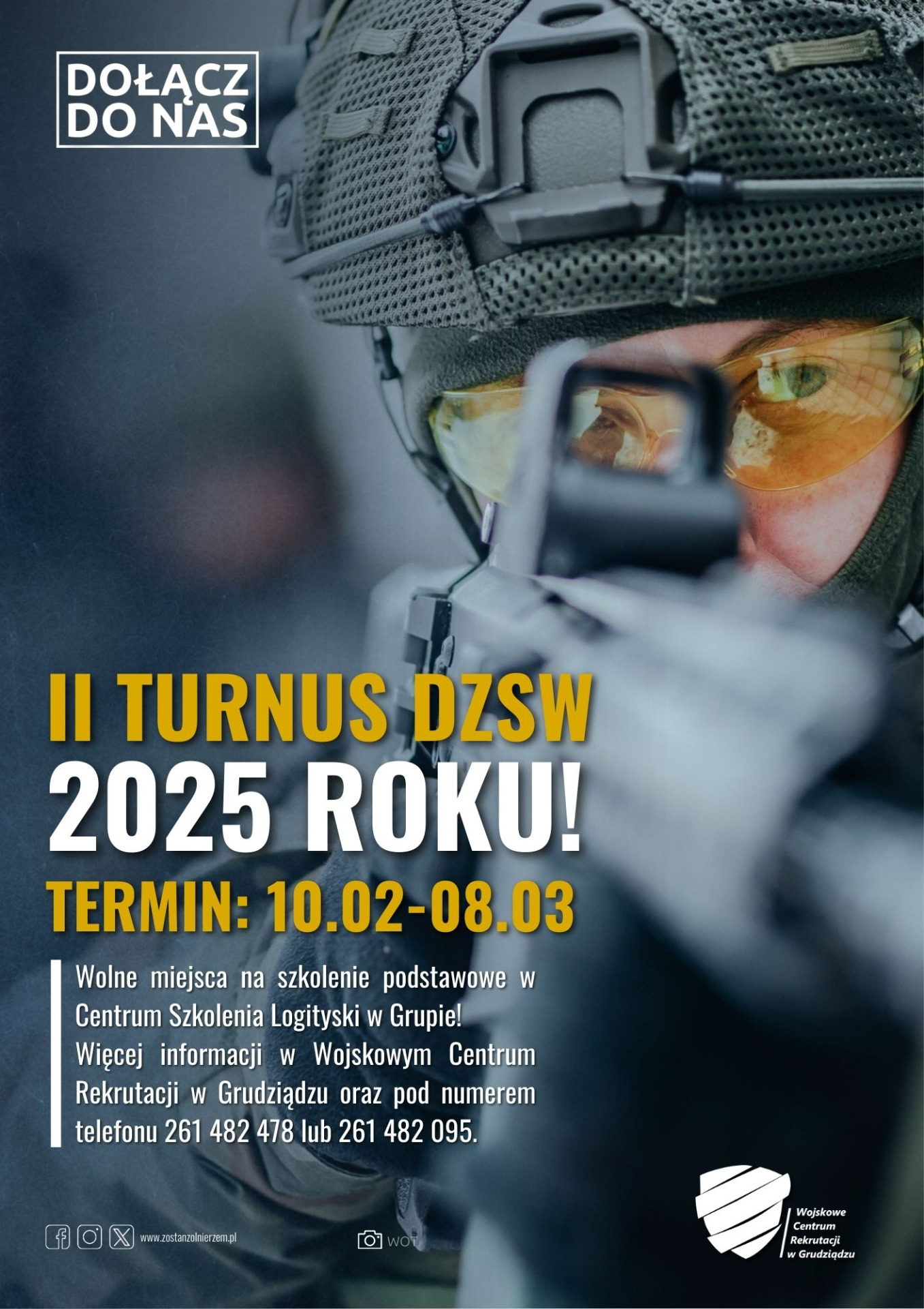 Plakat DZSW 2025 z żołnierzem celującym z broni. Termin szkolenia 10.02–08.03, kontakt do WCR Grudziądz