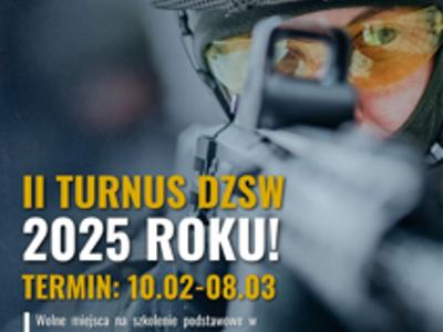 Plakat DZSW 2025 z żołnierzem celującym z broni. Termin szkolenia 10.02–08.03, kontakt do WCR Grudziądz