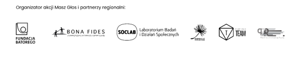 Logotypy Fundacji Batorego i partnerów regionalnych akcji „Masz Głos”, w tym Bona Fides, SOCLAB, Imbir, TEAM i Fundacji Q Ruch Sąsiedzki