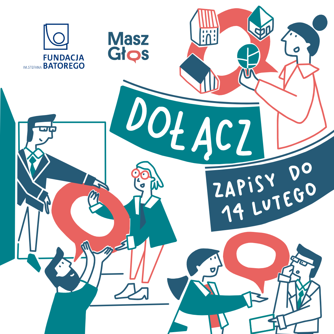 Grafika promująca akcję „Masz Głos” z ilustracją postaci i hasłem „DOŁĄCZ”, informująca o zapisach do 14 lutego