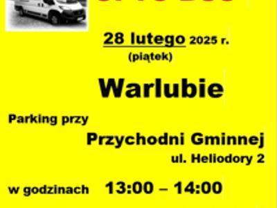 Plakat o bezpłatnym badaniu wzroku 28.02.2025 w Warlubiu parking przy Przychodni Gminnej, z informacją o zapisach