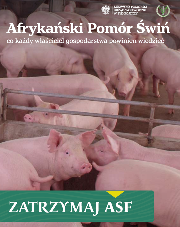 Ulotka o afrykańskim pomorze świń z hasłem „Zatrzymaj ASF” i zdjęciem świń w chlewni – kampania informacyjna dla rolników