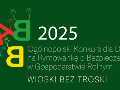 Grafika konkursu „Wioski bez troski” – litery A i B z  dłońmi na zielonym tle, promujące bezpieczeństwo na wsi.