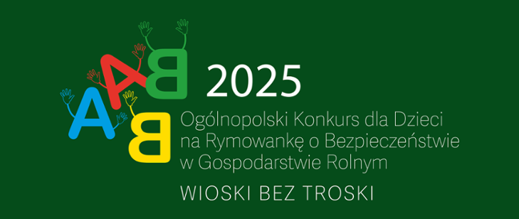 Grafika konkursu „Wioski bez troski” – litery A i B z dłońmi na zielonym tle, promujące bezpieczeństwo na wsi.