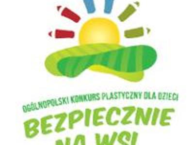 Logo konkursu „Bezpiecznie na wsi” ze stylizowanym słońcem z promieniami w kształcie kredek i zielonymi pagórkami