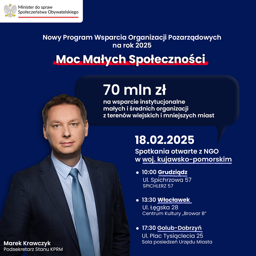 Plakat programu Moc Małych Społeczności z informacją o 70 mln zł wsparcia dla NGO i spotkaniach 18.02.2025 w Grudziądzu, Włocławku i Golubiu-Dobrzyniu
