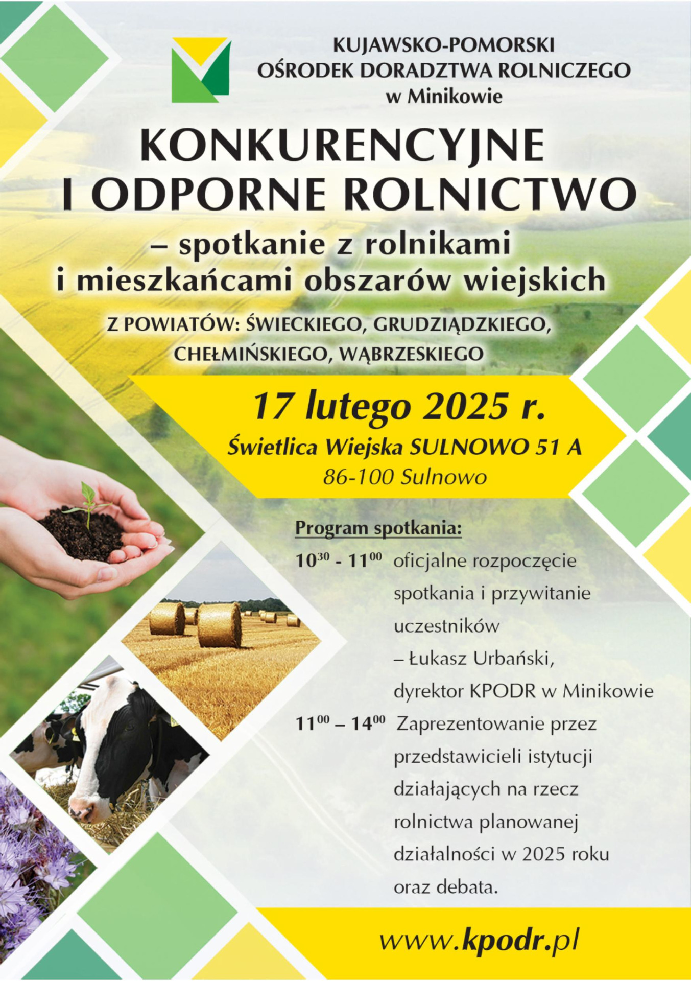 Plakat KPODR: spotkanie z rolnikami i mieszkańcami w Sulnowie, 17.02.2025, temat: „Konkurencyjne rolnictwo