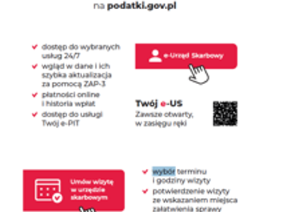 Plakat promujący e-Urząd Skarbowy na podatki.gov.pl, zachęcający do załatwiania spraw online, unikania kolejek i korzystania z e-usług