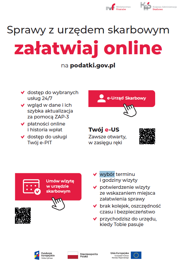 Plakat promujący e-Urząd Skarbowy na podatki.gov.pl, zachęcający do załatwiania spraw online, unikania kolejek i korzystania z e-usług