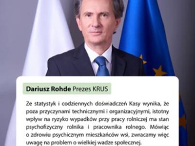 Zdjęcie prezesa KRUS Dariusza Rohde na tle flag Polski i UE z tekstem o zdrowiu psychofizycznym rolników i bezpieczeństwie pracy na wsi