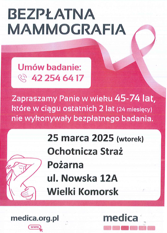 Plakat o darmowej mammografii 25.03.2025 w OSP Wielki Komorsk, dla kobiet 45–74 lat. Różowa wstążka i info rejestracyjne oraz logo Medica