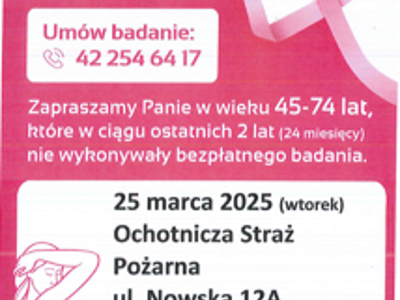 Plakat o darmowej mammografii 25.03.2025 w OSP Wielki Komorsk, dla kobiet 45–74 lat. Różowa wstążka i info rejestracyjne oraz logo Medica