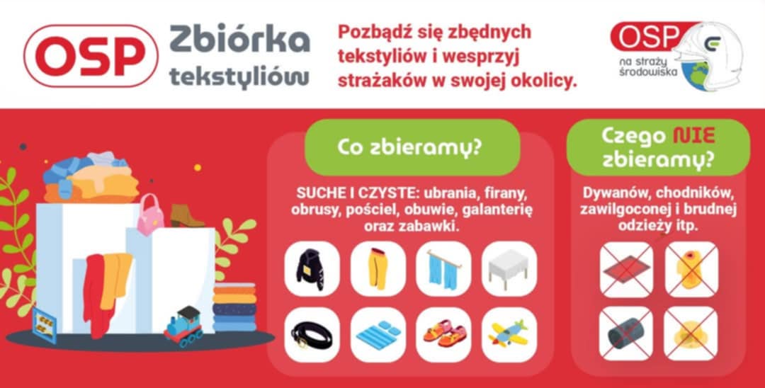 Plakat zbiórki tekstyliów OSP z hasłem wsparcia, listą rzeczy do oddania i listą rzeczy których nie zbieramy, ilustracją ubrań i logo OSP
