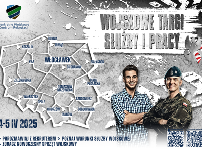 Plakat Wojskowych Targów Służby i Pracy 2025 z mapą Polski, datą 4–5 kwietnia, postaciami cywila i żołnierza oraz kodami QR.