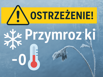 Ostrzeżenie o przymrozkach – żółty pasek, termometr temperatura poniżej 0°C, płatek śniegu i zmarznięta roślina na tle lodowego nieba.