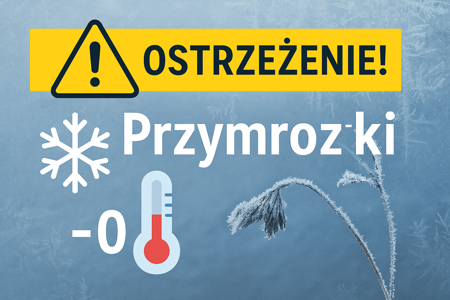 Ostrzeżenie o przymrozkach – żółty pasek, termometr temperatura poniżej 0°C, płatek śniegu i zmarznięta roślina na tle lodowego nieba.