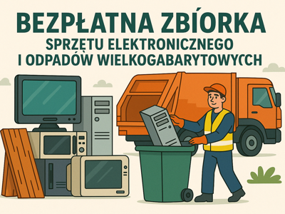Ilustracja zbiórki elektrośmieci i odpadów: pracownik wrzuca sprzęt do kontenera, w tle pomarańczowa śmieciarka.