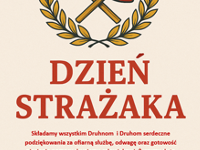 Zdjęcie przedstawia kask strażacki i dwa toporki w otoczeniu liści laurowych. Pod spodem znajdują się życzenia z okazji Dnia Strażaka