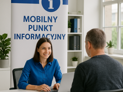 Zdjęcie przedstawia kobietę i mężczyznę na tle banneru Mobilny punkt informacyjny