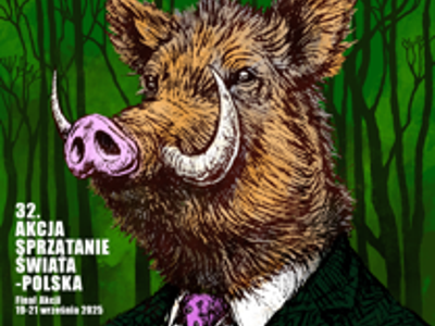 Rysunek przedstawia komiksową wersję dzika w garniturze oraz napis: Dzik nie świni w lesie, w naturę z kulturą