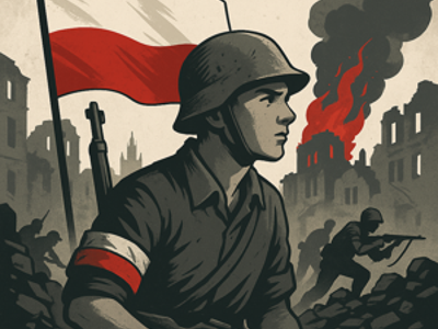 Zdjęcie przedstawia żołnierza na tle Polskiej flagi i dymiących ruin miasta