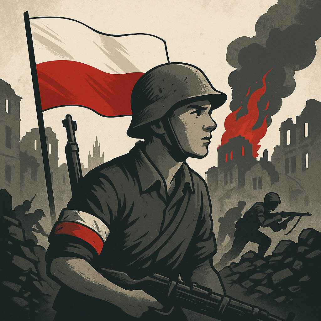Zdjęcie przedstawia żołnierza na tle Polskiej flagi i dymiących ruin miasta