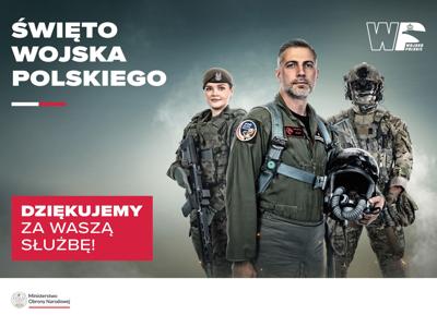 Plakat przedstawia trzech żołnierzy oraz napisy dotyczące święta