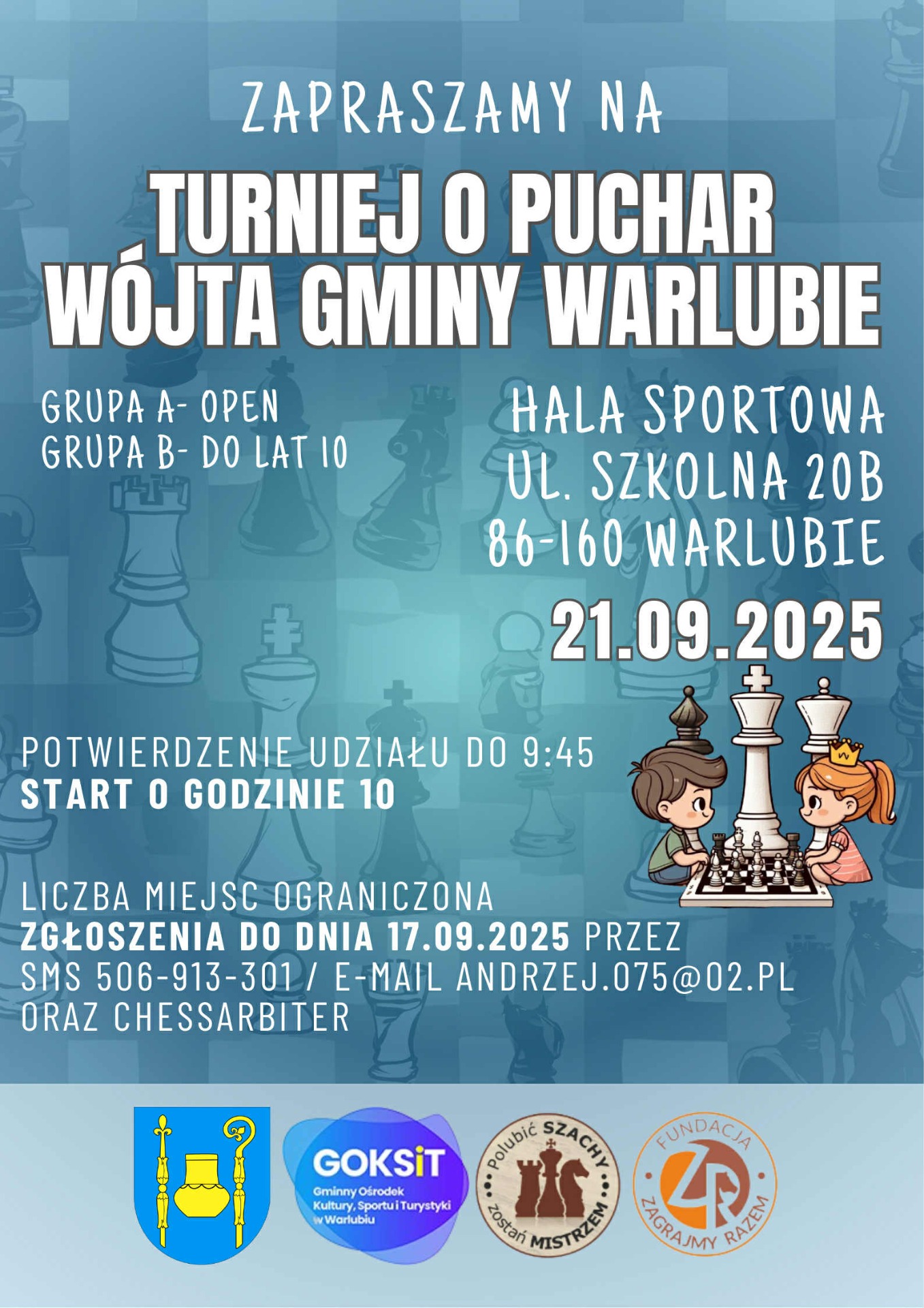 Zdjęcie przedstawia plakat wydarzenia, z animowanymi postaciami grającymi w szachy oraz tekstem zawartym w poście
