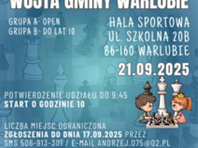 Zdjęcie przedstawia plakat wydarzenia, z animowanymi postaciami grającymi w szachy oraz tekstem zawartym w poście