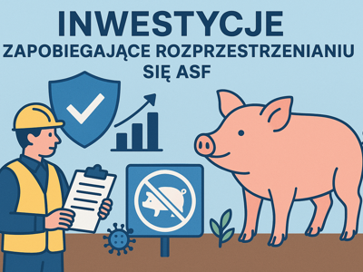 Zdjęcie przedstawia człowieka w odzieży BHP oraz rysunek świni